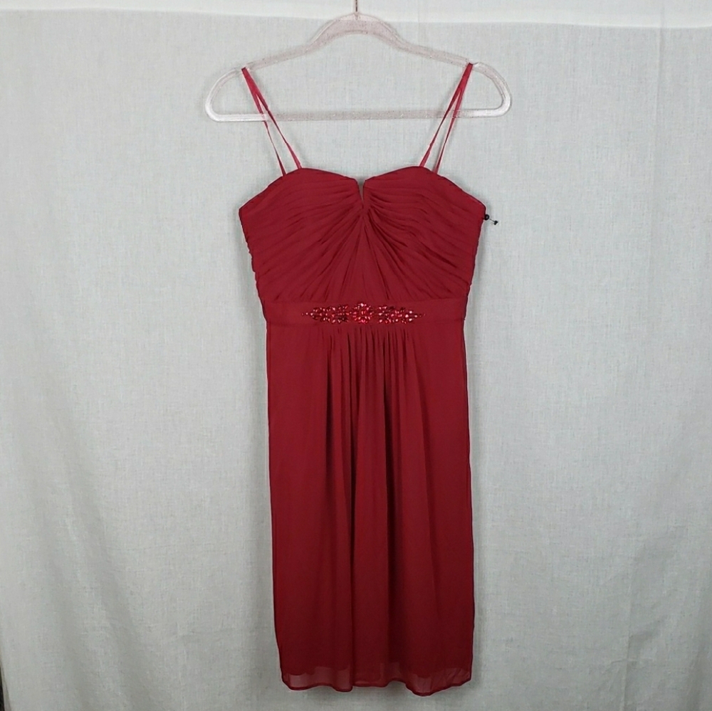 Adrianna Papell Cherry Red Dress 6 Strapless Ruched Empire Babydoll Beaded Prom - Picture 1 of 10